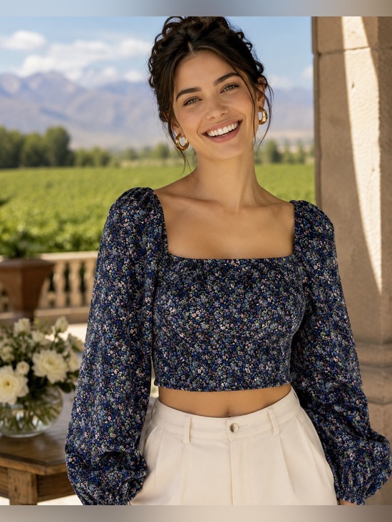 Lulus Tops - Lulu's Navy Floral Puff Sleeve Square Neck Crop Top